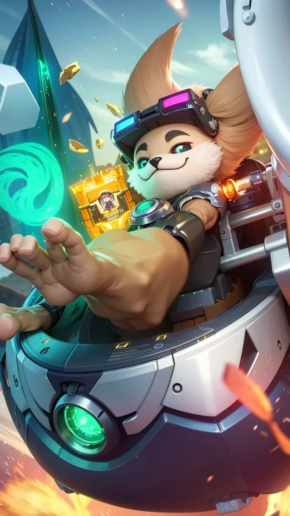 a close up of a Fox in a helmet riding a motorcycle, teemo, splash art, league of legends splashart, teemo from league of legends, league of legends splash art, furry fantasy art, furry paw pov art, cat summons a spaceship, inspired by Jules Chéret, a portrait of junkrat, anthro paw pov art, holding snacks in hand