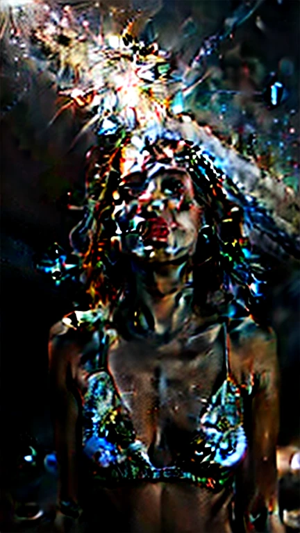 (This is an immaculate horror fantasy image that feels unnervingnand emphasizes glitter and iridescence.) Generate a ((blind)) obscurly perfectnwoman with grey silver curly hair and milky white eyes. Her face is important and is perfectly formed with puffy lips and perfect features. (Her eyes are critically important and are (blank) and (solid white)). The image exudes ethereal beauty and soft fantasy/ aswell as sinister tones of subtle violence. Include sweet and detailed birds/ some with severed heads and soft, luminous flowers with blood drops like dew drops w white highlights. The image's background is decorated in shades of pink, shimmer, glitter, and macabre fantasy details like colored bubbles, skulls and cosmos. Utilize dynamic composition to create a compelling and action-packed image. Dramatic lighting and cinematic lighting enhance the woman's beauty and the soft colors in the artwork. Include fantasy, cute, colorful, colourful, interesting magic background, ((((blank eyes)))), ((((empty white eyes)))), (shirome eyes:1.3), (smirking), (perfectly rendered solid whiteeyes), ((short neck)) wide dental exaggerated smile disturbingly contrasting the entire peice outside of it