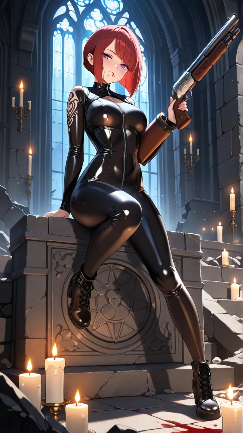 (masterpiece, top quality, best quality, official art, beautiful and aesthetic:1.2), (1girl:1.3), light freckles, fair skin, extremely detailed, portrait, looking at viewer, solo, (full body), simple background, (dark gothic theme:1.1), nun drinking a glass of expensive cognac and watching the entire World burn, smirk, mysterious, swaggering through cathedral, modest attire, black habit, cowl, nun hood, wimple, thigh-high boots, bodysuit, leotard, corset, leather straps, long boots, garters, ((((wide hips, slim sexy body, large breasts)))), slim waist, wide hips, long legs, modern (cathedral exterior:1.1) background, dark mysterious lighting, shadows, magical atmosphere, dutch angle,