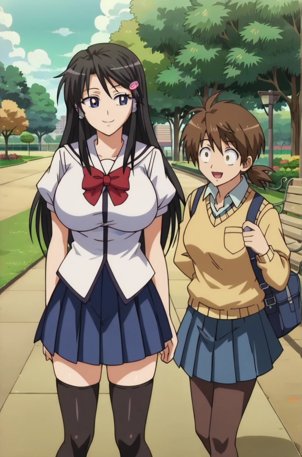 (Anime of Yatsu, Retro art style, Clean brush strokes, Very detailed, Perfect Anatomy, Browsing Caution), Dormitory of background, (erika, 1 daughter), Eyebrows visible through hair, bangs, Dark brown hair, Long Hair, Katyusha with ribbon, (blue eyes), (Beautiful and detailed:1.2)of), Looking at the audience, Open your mouth (smile:1.5), (Sitting, Spread your legs wide), (Beautiful body, Smooth curve of, Perfect figure), (White lace of bra), (Huge breasts:1.2, Tension of shape), (White lace of panties),
