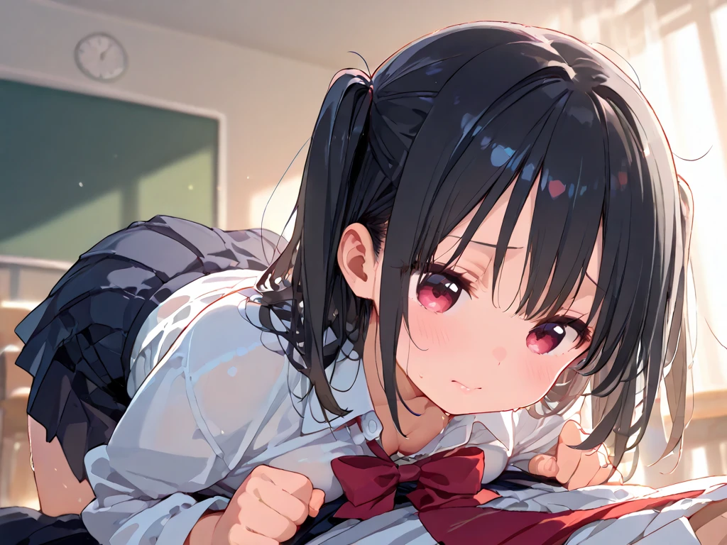 Beautiful girl at 13 years old,Japanese,,,Small and slim,Flat Chest,Small breasts,Baby Face,Small face,Black Hair,Twin tails,Grey Eyes,middle School girls,uniform,skirt lift,open mouth,tongue out,Beautiful and detailed anime art,puzzled look,high angle, looking at viewer, looking ahead, from above,cowboy shot,Sexy vibe,cum on tongue,On the bed,