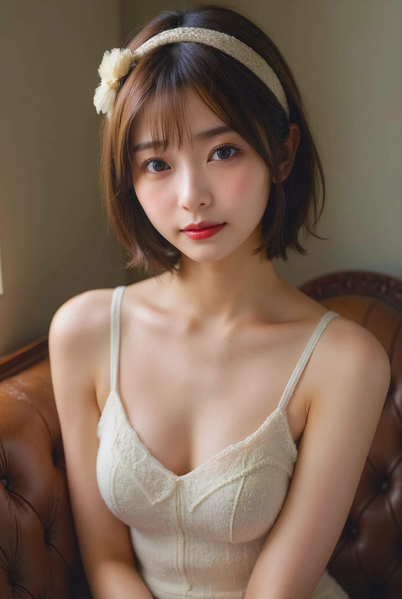 Highest image quality、masterpiece、sleeping girl、21 years old、real、negligee、C cup breasts、black bra、sexy black underwear、wear small size underwear、smile、light brown hair、short cut hair、((Highest image quality、8K、masterpiece:1.3))、NSFW、Photorealistic Superwoman、muste piece、bathrobe、