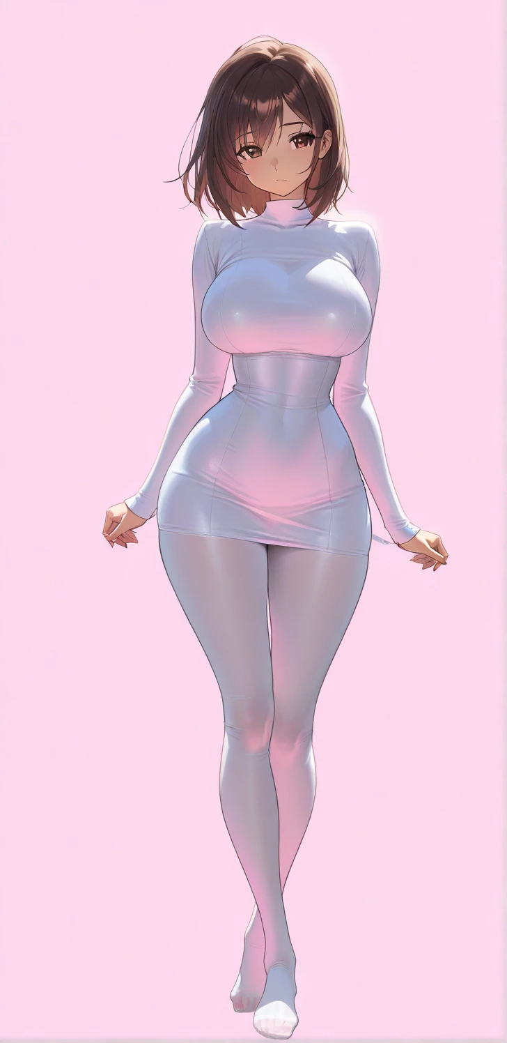 nsfw, full-body shot, candy colors, (inked original-art:1.2), (lineart:1.31), (fine-details:1.3), Flat-colors, (depth), warm candy colors, charturnerv2, A character turnaround of a beautiful american Mom, white underwear, wearing 60s short simple skin-tight colorful latex dress with latex stockings and gaterbelt without shoes, Straight hair, (Multiple views of the same character in the same outfit, front view, back view), shy, smirky, her skirt is lifted up by the wind, american 60s, retro, candy color background,