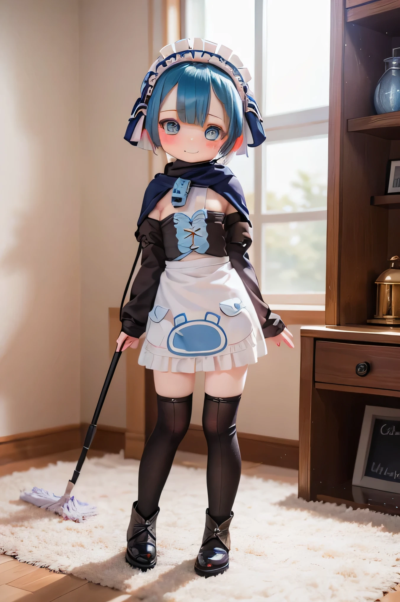 ( Best Quality Straws , Kampala , wears a lot of scarves :1.2), Extremely Detailed Red Hair , realistic :1.37, e in Abyss ,( Best Quality Straws , , 4K, Extremely Detailed Red Hair , wears a lot of scarves :1.2), realistic , lantern , bright color, sperm concentration , Studio Lighting , Blue hair with attention to detail, Touch Profesonal hips , Anime, shades of blue, Natural Light, , (Blue Curly Hair), flat chest, gothic costume , innocent expreson , elegant look , 、 Looks like a face {X} , ExLive Eyes , rosy cheeks , No lights、No makeup、Soft Lighting , I wear a lot of gothic tuck clothes 、 The one on the left has no breasts {X} She showed me my legs in high definition in that costume {X} 、((( full face blush ))) (((((full body))))) 、 dress 、((((( chibi))))) Laughter、 Maid Outfit (((Cleaning)))