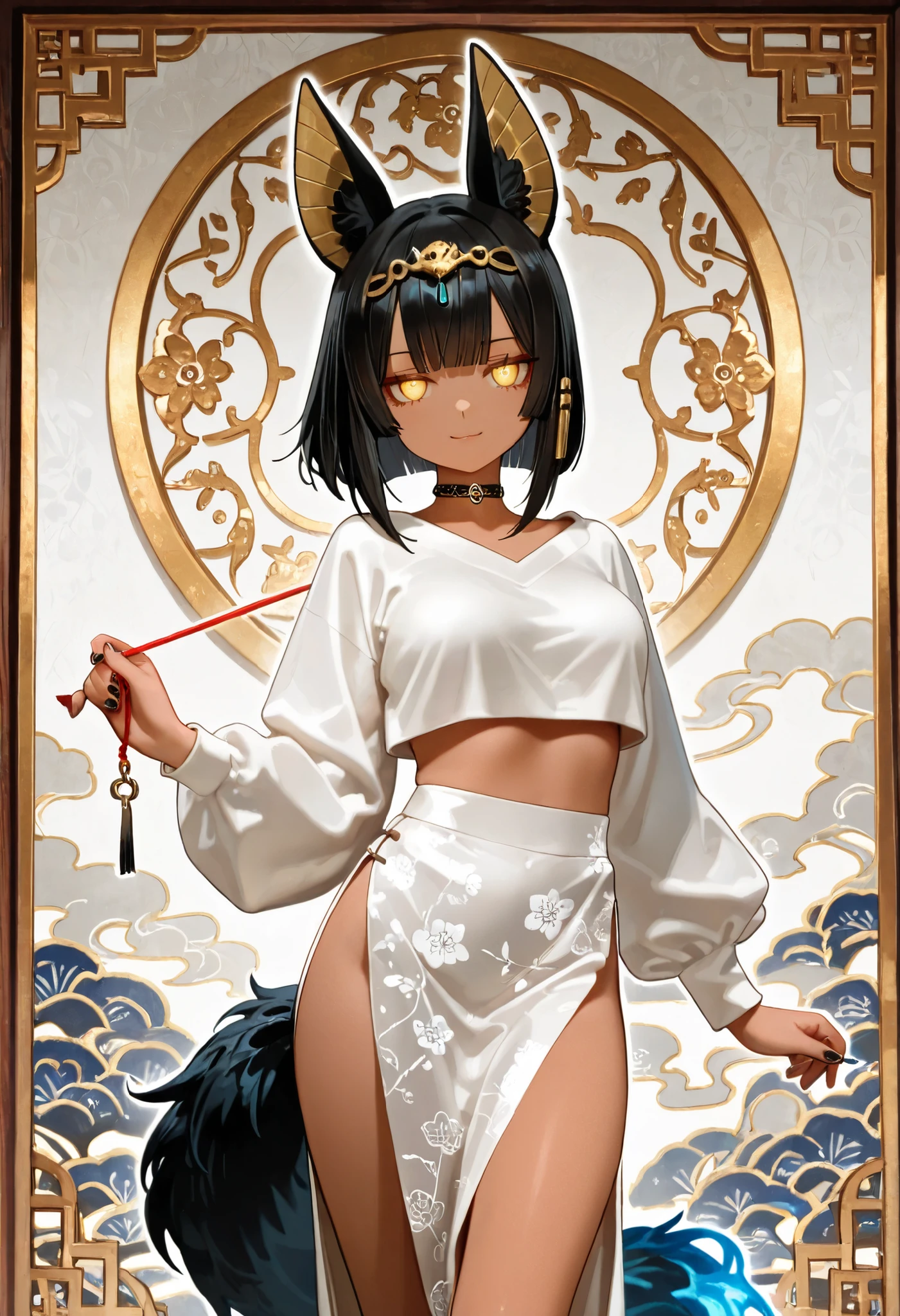 1girl, yellow eyes, jitome, black long stright hair, long bob hair, straight bangs, medium Breast, white clothes, jackal tail, cropped top, white anubis girl, slit skirt, flower pattern, Choker, bare legs, black nail polish, slender body, tall girl, masterpiece, best quality, Perfect details, perfect composition, Perfect face, Perfect hand, absurdres, newest, very aesthetic, amazing quality, highres, film grain, Cinematic, Magnificent, doremi, hwansang, mx2j, Oriental clothe, side slit long skirt, hairpin, jade decoration, jk, key ring, blue flame, thick outline, flower pattern, kiseru, smoke, white theme, izakaya made of white and blue wood, blue woods, white woods, soft smile, taoist, glow eyes, Dragon Palace, Ryugujo, Confident, transcendence, gold decoration, white energy,