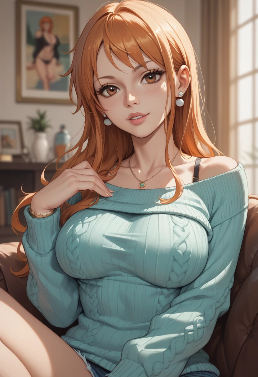 woman, Big Breasts, Redhead, blue eyes, Transparent sweater, Small chin