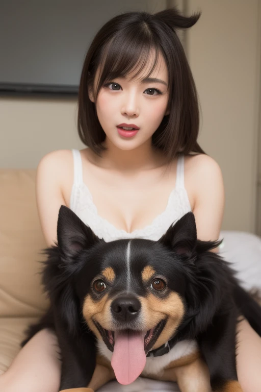 1 girl, nude,medium black hair, green eyes, dog ears, dog ears, Holding a puppy,whole body,