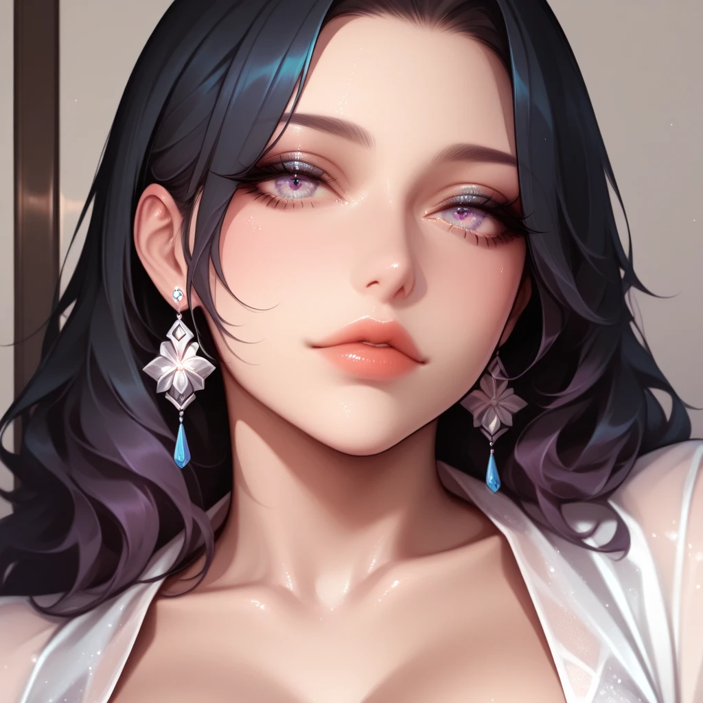Beautiful woman with long black hair, side-swept bangs, sparkling blue eyes, light pink lips, fair skin. Beautiful renaissance pink dress.