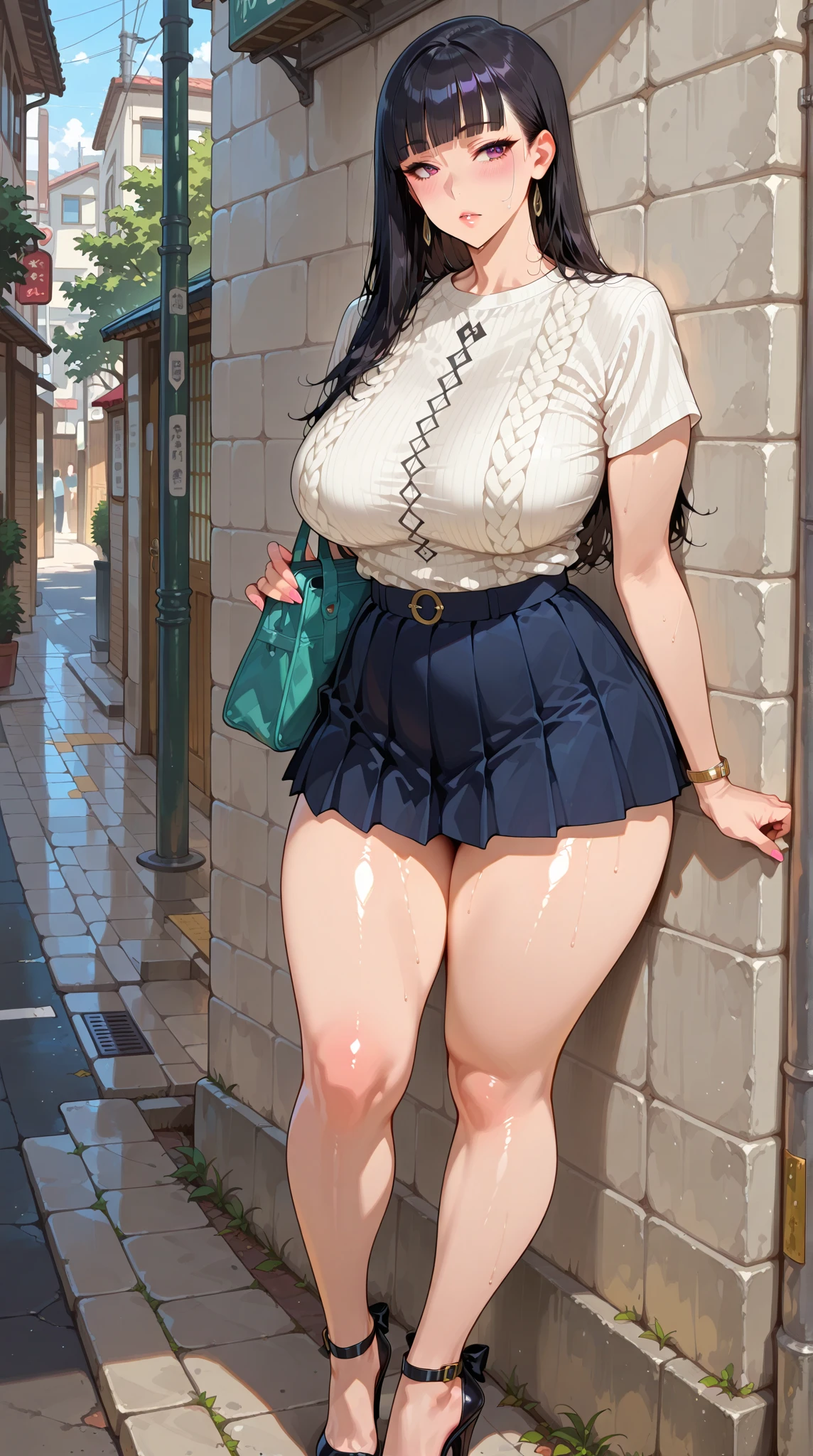 masterpiece, best quality, high quality, beautiful anime character, solo, anime girl with dark hair, (messy hair, long hair, choppy bangs, chopped bangs), purple eyes, medium breasts, mature female, tall female, big girl, thick, light smile, outdoors, (white casual dress), slim thighs, 