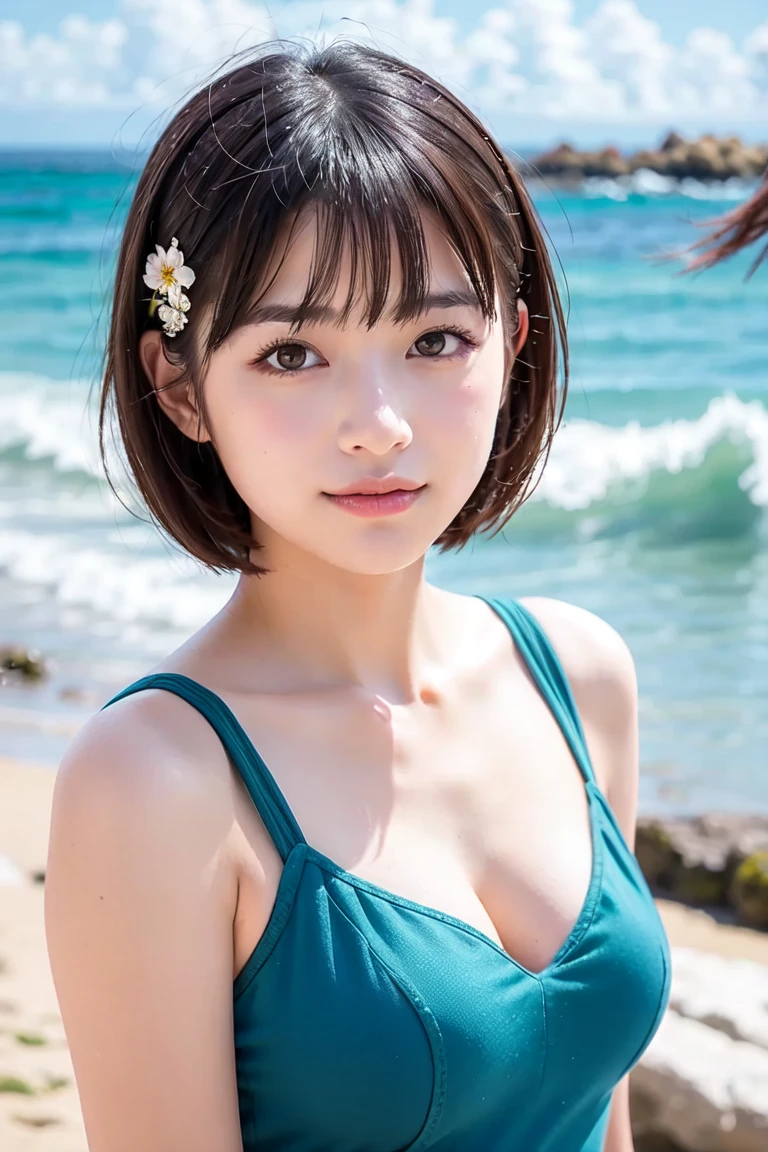 （masterpiece）、(Highest quality:1.5)、(Photorealistic:1.2)、(Surreal), (High resolution), (Realistic), (Post-processing),(Sharp focus), Sharp focus:1.2,Backlight, (Improvement of quality:1.4), (Narrow waist)、((Perfectly detailed five-fingered hands)),（Anatomically correct body）、((1 female:1.4))、Japanese、Realistic Skin、（Small chest：1.4）、Bust size is A cup、A pretty woman with a slender figure:1.4,(from the front:1.5), (Enhances the beauty of skin texture:1.1),No makeup、美しいBlack Hair、smile、Natural color lip、(Small Mouth:1.4)、The mouth is not open、Thick lips、(Oval Face)、Even bangs、Hide eyebrows with bangs、((3 woman))、Bob Hair、Hair blowing in the wind, (Black Hair, Iris, Watery eyes, Shining Eyes, Bob cut hair,), Hair behind the ear、No makeup、(Drooping eyes)、(((One lovely woman)),((優しい大きなsmile)),(( Small breasts,Small breastsの谷間)),((((Plump Cheeks)))),very cute,(Baby Face),Raccoon face, (((Micro Bikini, Camouflage Bikini))), (Beach Background)
