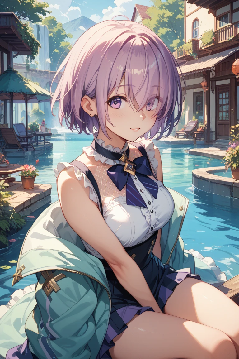 <lora:koshimizu_sachiko:1>koshimizu_sachiko, (small breasts:1.5), 1girl, blush, brown_eyes, hair_ornament, hairclip, smile, open mouth, short shorts, white shirt, collarbone, bead bracelet, short sleeves, tied shirt, (purple frilled skirt), big pink hair ribbon, short hair,