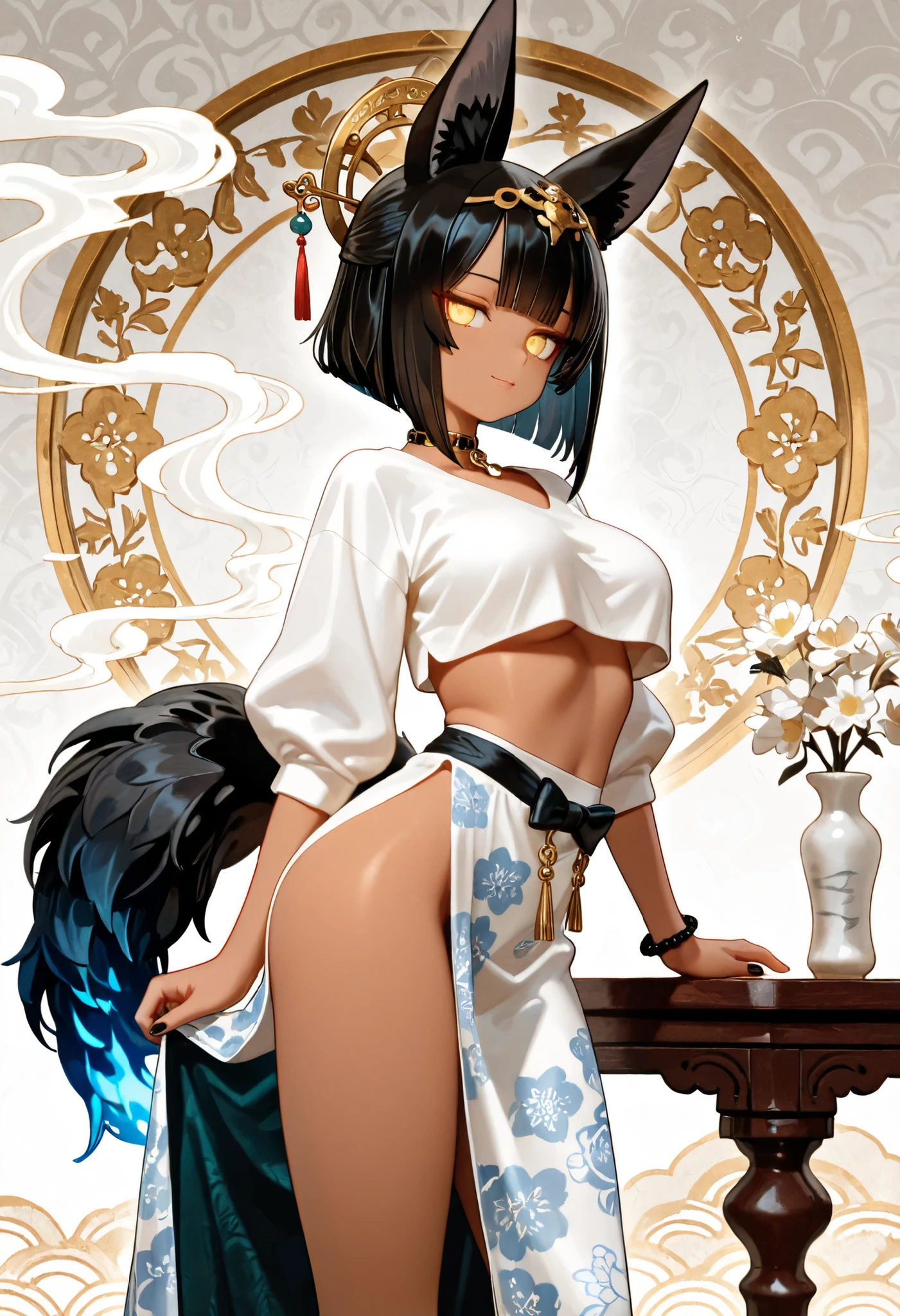 masterpiece:1.2,top-quality), ((((Blurry background with deep fog)))), (genshin impact), (((skunkgirl))), (((skunk tail))), (((Giant tail))), (((Tail inside the skirt))), (Gold eyes), Animal ears, ((black hair)), (((white hairline in the middle front))), standing, Turn around and look down, big breast, massive butt, Sticking out the butt, White clothes, black Skirt, ((((green amulet on the waist)))), panties(white panties), black stoking, Fart, Farting, onara, Fart from the ass, Yellow smoke, Skirt lifted because of farting, Smile, happy, Mondstadt