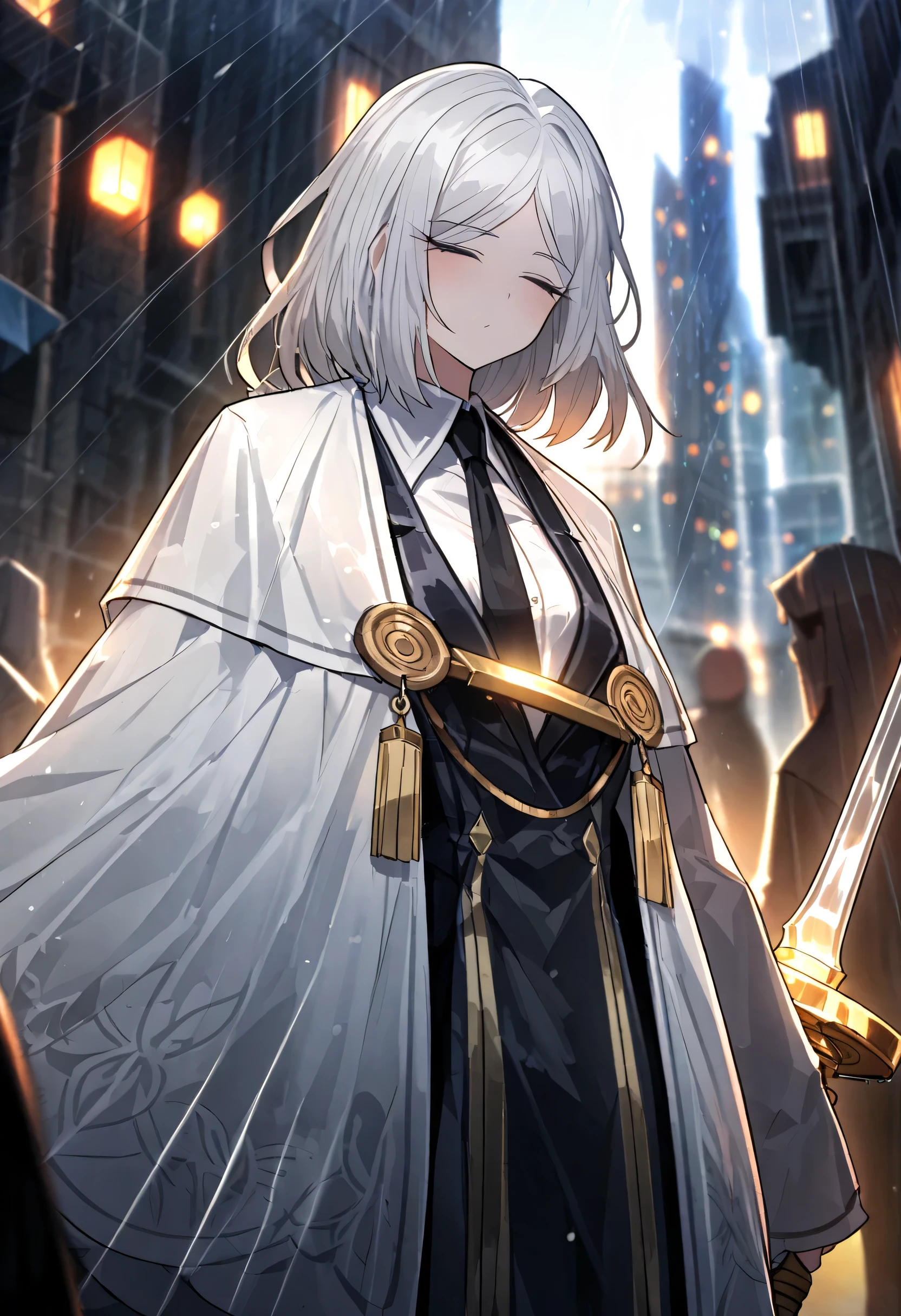 1 person, girl, womanhood, Silver Hair, unruly hair,  bangs, index finger messenger costume, black tie, white shirt,  blazer ，White cloak, Close your eyes, Closeup,  solo, high resolution, Masterpiece,  detailed, outdoor,rain，loose fit costume, Leisure ，Faceless, ((ProjectMoon)), Standing with sword，White long sword with light gold decoration，steam style long sword
