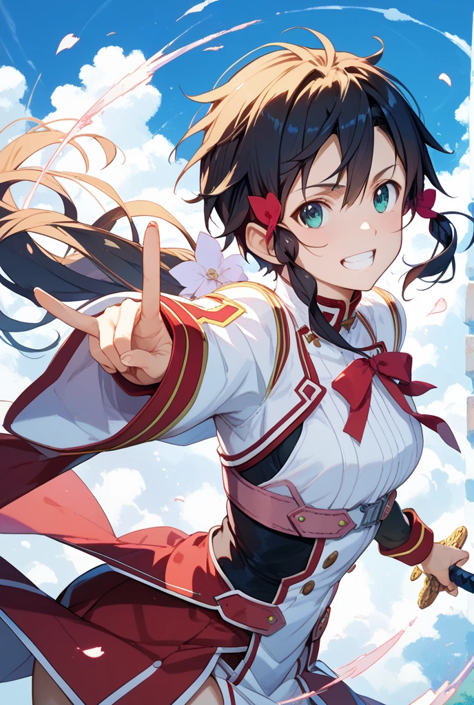 (32k、masterpiece:1.2)、(Highly detailed skin:1.1)、(high quality:1.1)、 (Fatigue:1.1)SakuraMS、Brown Hair、Iris、SFA、Aurora Glade、Dancing Light、Simple Background、Moderate bust、Fighting Pose、(Dynamic Lighting:1.1)、