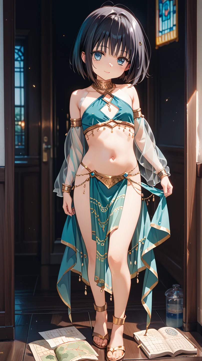 Anime girl in tie-side bikini lying in room, top quality, masterpiece, high resolution, (small: 1.5), chest: 1.0), single girl, hair ornament, necklace, beautiful face, tyndall effect, photorealistic, rim litin (pale pink lips), full body, redhead, light blue eyes, veil, arm cover, medium hair, wig, enchanting glitter bluebelly dance costume, Medium hair, honeyhair, bangs, inter-eye hair, shoulder hair, hair folds, pink hair, shiny hair, ahoge, pale blue eyes, , dark makeup, (high detail fingers: 1.5), two-tone lighting, (high definition skin: 1.2), 8k UHD, DSLR, soft lighting, high quality, volumetric lighting, candid, photography, high resolution, 4k, 8k, bokeh, medium breasts, ( Compensation molestation: 1.4), (NSFW: 0.6), embarrassed expression (full body: 1.5), high heels