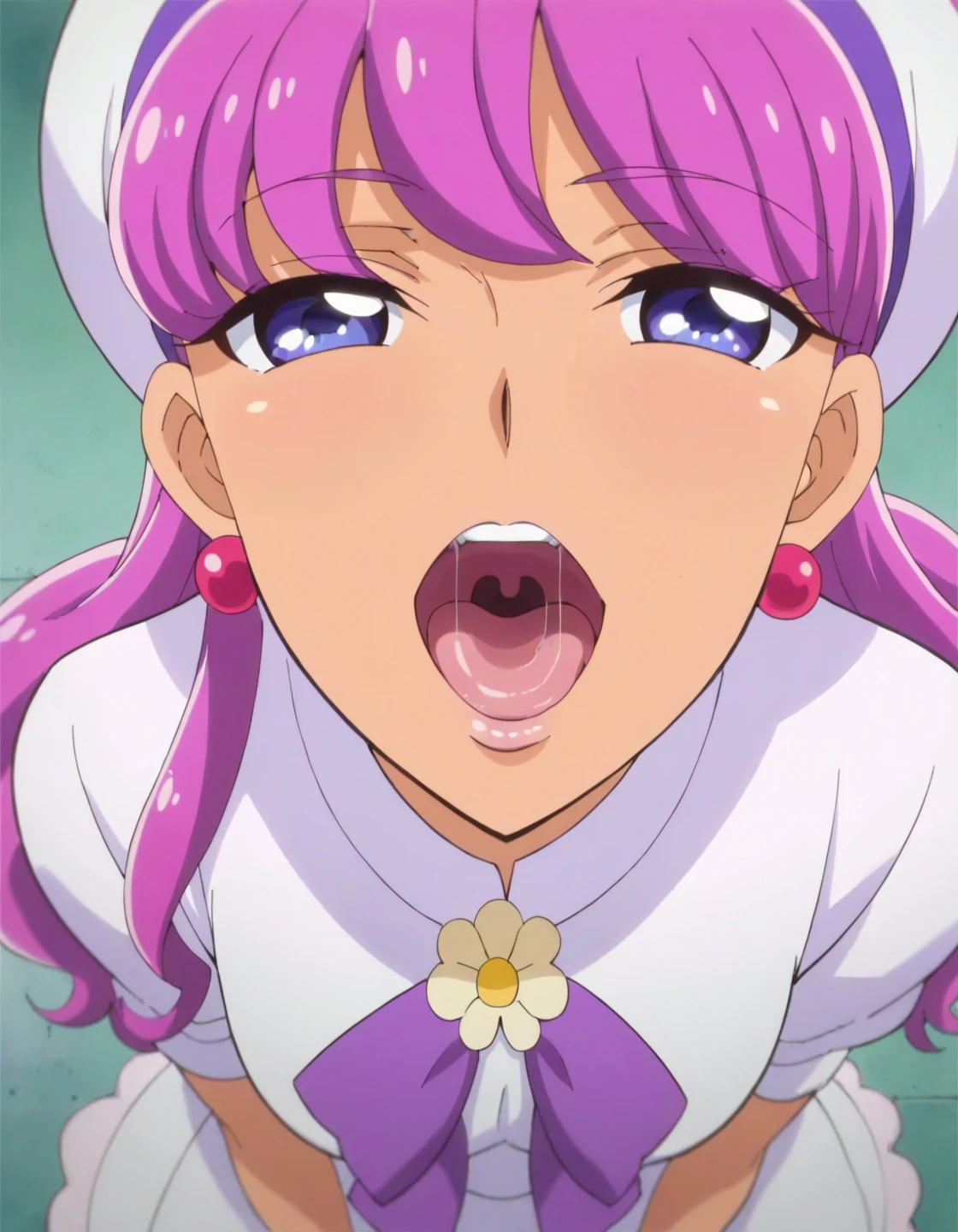 score_9, score_8_up, score_7_up, anime screen cap, solo,1girl, Kotozume Yukari, earrings, jewelry,  long sleeve,  Smile, Staring at the viewer, purple bow, color bone,  dress, bow,white dress,Cowboy Shots,medium breasts,

stick out your tongue　saliva　 Temptation　頬を赤く染めてshiny lips, shiny lips
Temptation　頬を赤く染めてshiny lips, shiny lips, salivaOpen Mouth,Tan , teeth, flap, face shot on right arm,(Portrait, from above), (Open Mouth, Tan  out, flap ), (my mouth is wide open, Show your throat), Concentrate on the Tan , (show the inside of the mouth), 