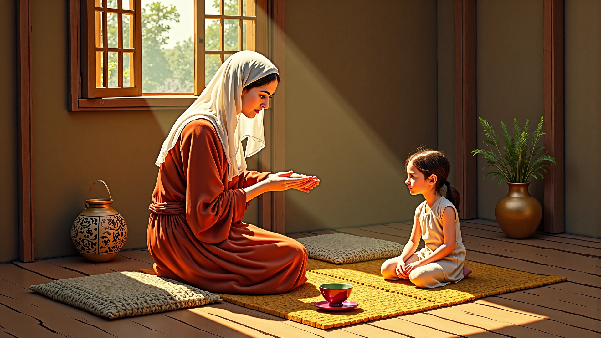 A Muslim girl helping her mother put on her shoes