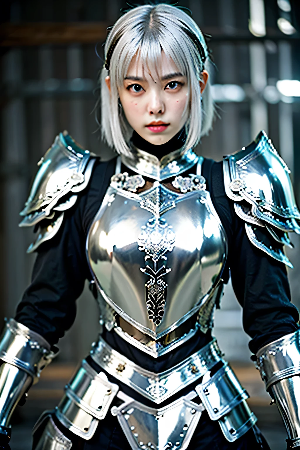 (Tarot card style:1.3), (Anime Style:1.3), masterpiece, Highest quality, Highest Resolution, Anatomically correct, Accurate Anatomy, (Floral blank background:1.3), (1girl:1.3), 20-year-old, Height: 165cm, Shot from thigh up, (Thick thighs:1.2), (Long Hair, Straight Hair, Silver Hair:1.3), (Squint your eyes, Sharp Eyes, (Iris:1.2)), (Hidden eyelid wrinkles:1.2), Thin eyebrows, Draw eyelashes carefully, Natural Makeup, Chin up, Grin, Slightly to the side, (Full Plate Armor from a Fantasy World:1.3), (Pose a random model:1.2)
