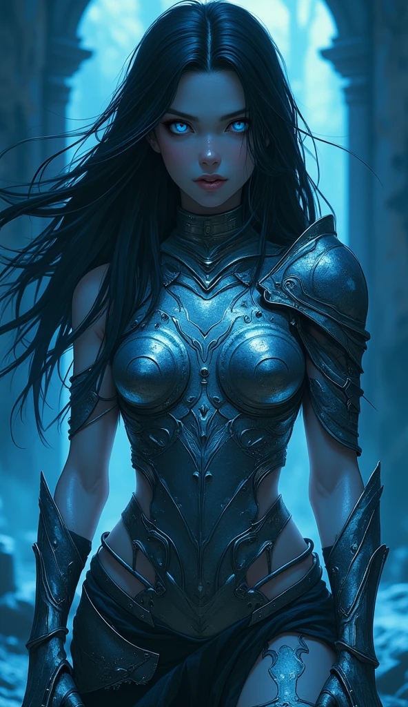 In a seamless blend of features, she possesses blue-azure skin, sharp elf-like ears, and a toned, athletic build. Her prominent fangs and piercing, icy-blue eyes add to her striking appearance. Dark blue hair cascades gracefully to her shoulders. Clad in fully enclosed attire, her outfit is predominantly azure with intricate brown accents and mystical engravings, evoking a medieval fantasy style. Broad, spiked pauldrons, reinforced gauntlets, and sturdy greaves complete her ensemble, highlighting a balance of elegance and otherworldly grac