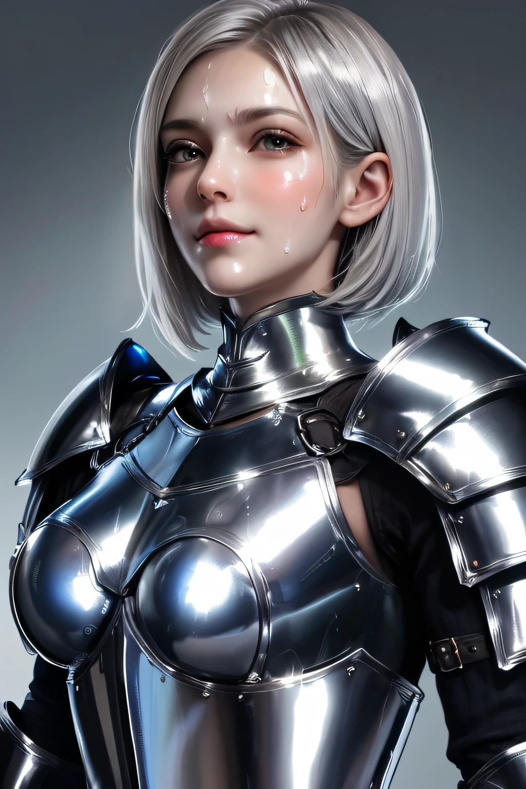 Highest quality,Highest Resolution,(((Metallic shiny armor Silver Hair Short Hair))) knight expressionless flat chest woman cool