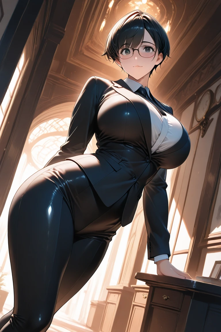 (high quelity), Makoto Niijima, JK, uniform, thight stockings, high heels, mischievous smile, light blush, looking at viewer, huge breasts, precise hands, sexy pose, detailed background, bend knee