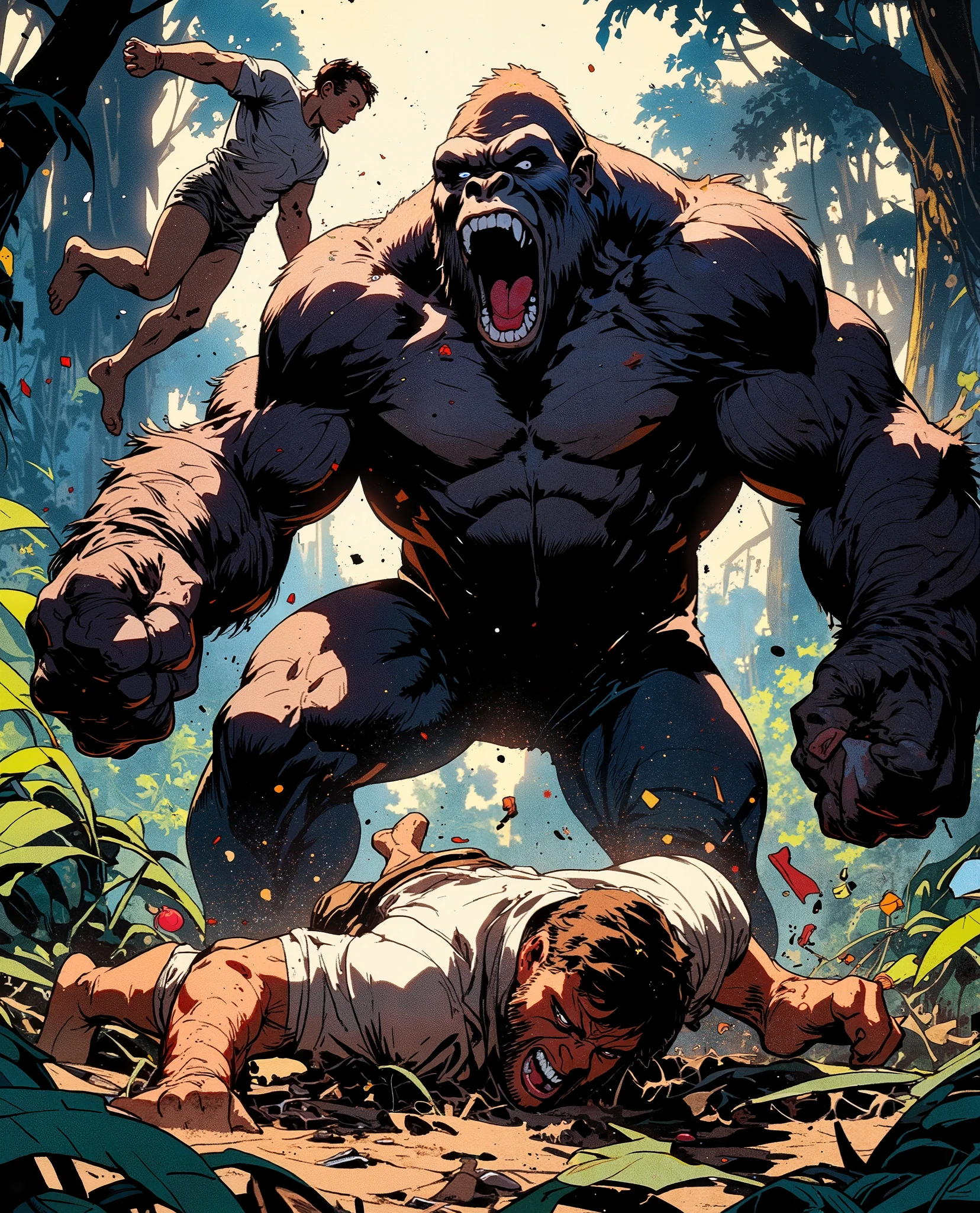 A highly detailed scene of two men being overpowered by an angry, regular-sized gorilla in a jungle. One man is flying through the air, thrown by the gorilla. The second man is crawling on the ground, visibly bruised and panicked. The gorilla stands in a strong, aggressive pose — roaring, with fists clenched and realistic muscle definition. All faces and limbs are fully visible and anatomically correct — no extra limbs, no distortion, no blurred features. The environment is a wild jungle with scattered leaves, broken branches, dirt clouds, and dramatic lighting cutting through the trees. Capture the chaos and motion, but with clean structure and clear character details. Use a semi-realistic comic book style: bold outlines, expressive faces, accurate proportions, vibrant jungle colors, and dynamic action. Keep the image sharp, cinematic, and full of energy — with no cartoonish exaggeration or surreal elements.