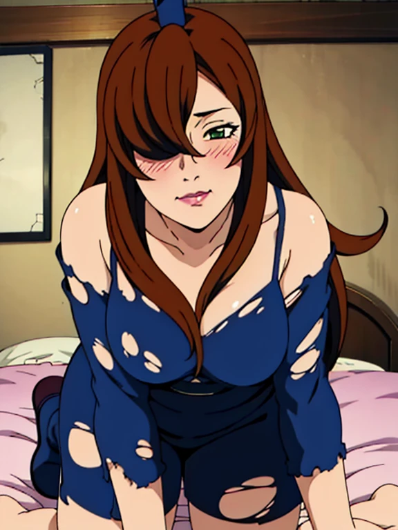 all fours, (Torn Clothes : 1.3), blue dress, mature woman, vintage bedroom, 25 yo, Mei Terumi, anime cels style, best quality, high resolution, 1girl, (large breasts:1.2), beautiful face, long hair, brown hair, green eyes, ((hair over one eye)), lipstick, cowboy shot, smiling, happy face, blushing, looking at viewer