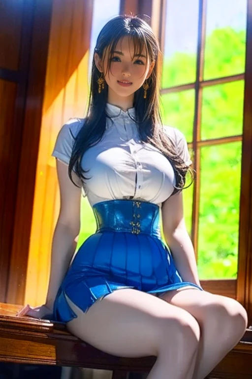 realistic, 1 women, best quality, 12k, HD, long hair, big round breasts, cleavage, ponytail, necklace, jewelry, shorts, short jacket, slim hips, hair tie, yellow eyes, black hair, super detailed, Eye details, hair details, person details, mouth details, face details, breast details, clothes details, hair details, pants details, hand details, whole body