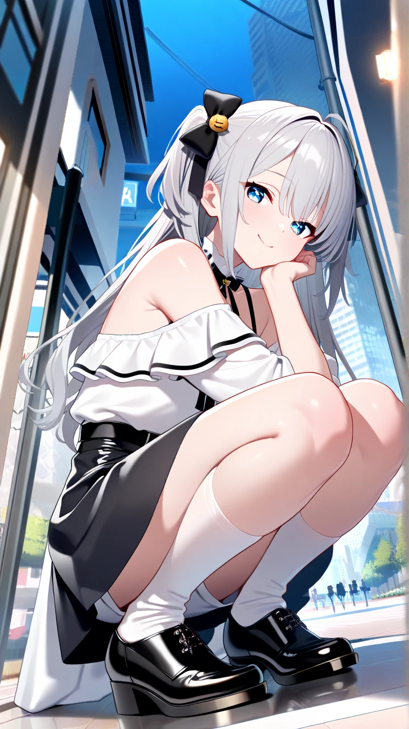 (high resolution), (The best resources), (high quality), (masterpiece), 1 plump girl, Asuna, blue eyes, long gray hair, halo, hair covering one eye, very long hair, light brown hair, (, Cracked Contrast Glue High Socks, Red latex, praying hands logo, looking at the audience, 8K HD RTX, Delicate finger detailing,Obscenity exposed，slim figure，Smile