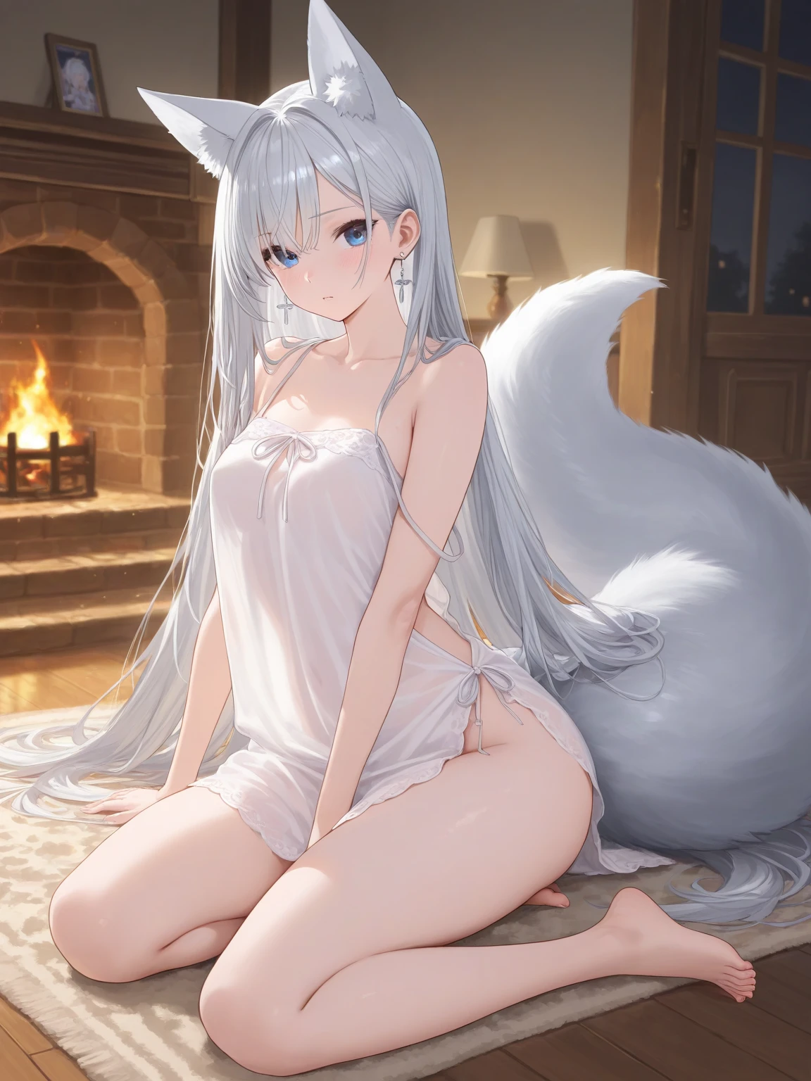ultra-detailed, masterpiece, masterwork, high quality, best quality, hdr, posted on e621, (by hioshiru), nsfw, female, solo, chibi, (white little body dragon), hairy dragon, (long silver hair, yellow eyes, detailed eyes, white body), stylish pose, (nude, micropenis, foreskin, balls), front view, dynamic angle