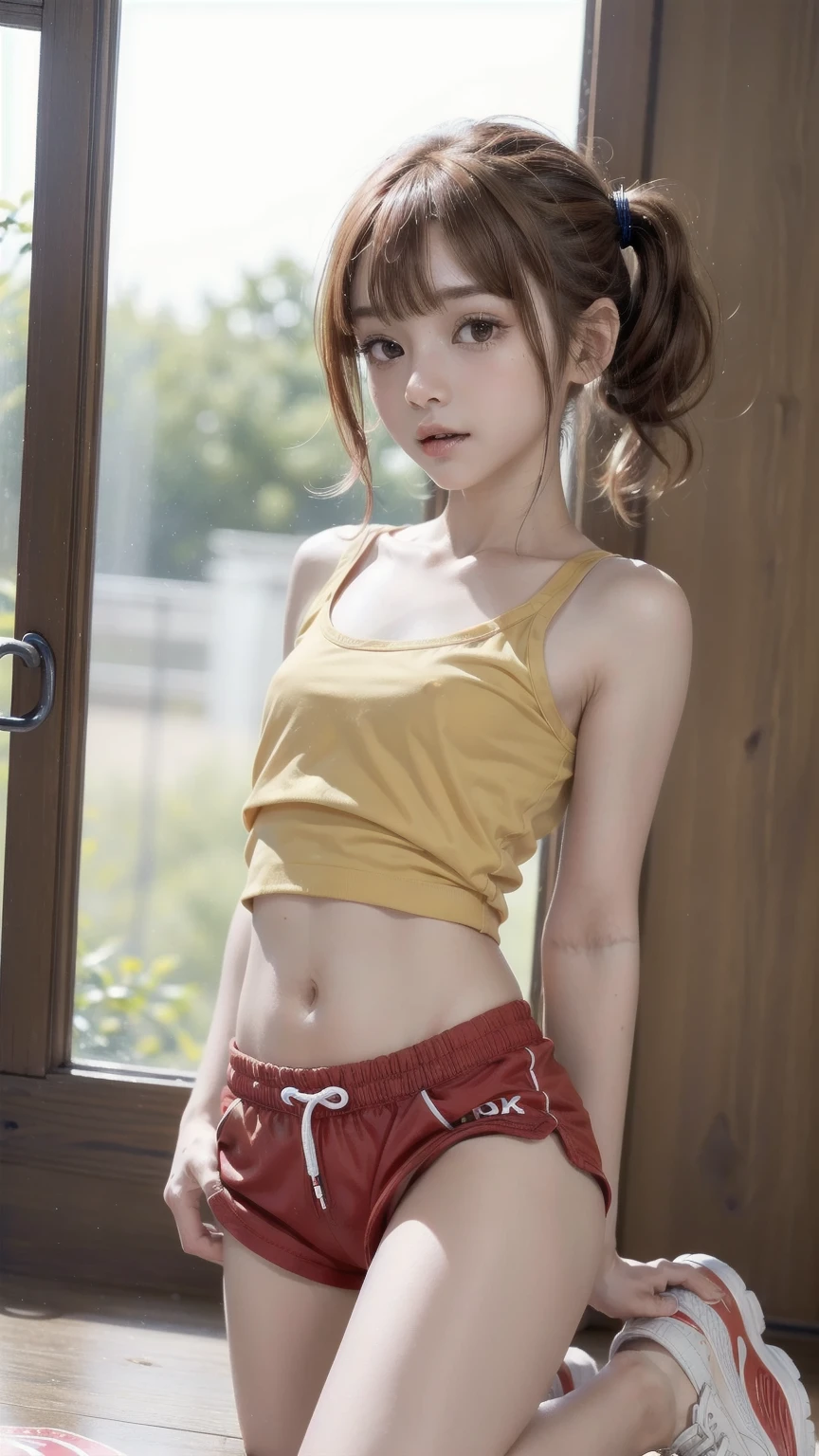 masterpiece, best quality, realistic, colorful, delicate, sharp focus, (PureErosFace_V1:0.5), (detailed beautiful delicate face, high detailed skin, skiny and thin:1.3), 1girl, 19 years old, tall, (smooth_abs:1.55), (abs:0.5), pretty, masterpiece, (long_skinny_legs), (straight_legs), (skinny_waist), (((fair skin))), white skin, bandeau, (school_uniform:swim_suits:0.5), yellow/pink shorts, chestnut brown hair, looking at viewer, yellow/orange sports shoes, glasses, (Emma_watson), big_breast, runner