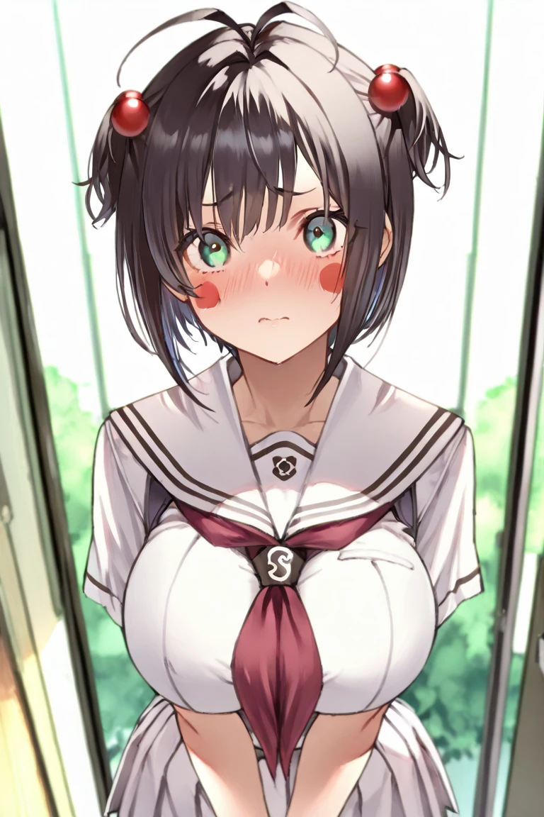 [[anime styled]],[[digitalart]],masterpiece,best quality,high resolution,Tomomi_Xijing,black hair,Short hair,Hair Ribbon,red eyes,midium build,NSFW,1girl in,solo,((standing)),(upper body:1.3),,((short torso)),Perfect Lighting,naked,nude,((topless,nipples)),((purple lace panties)),smile, (strong light),((brighten the subject)),blush,sexy pose, break background classroom,