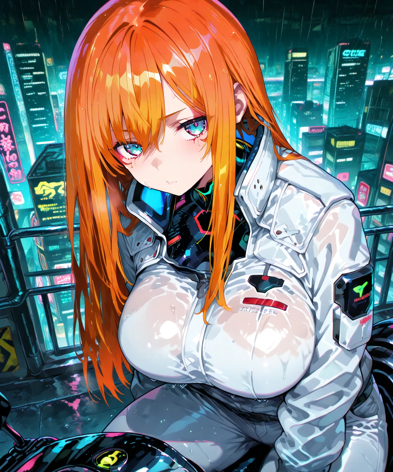 Best quality, (masterpiece:1.2), 1girl, night city wear, big breast, perfect body, standing, smile, grinning expression, landscape is cyber punk city , at night ,