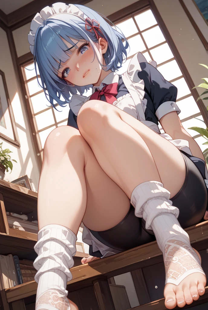 score_9, score_8_up,score_7_up,black hair,baggy camisole,baggy short pants,darkblue hair,wavy short hair,very angry ,desk,sitting on desk,barefoot,foot focus,from below,Misanga,bare legs,chalkboard,shiny skin,pale skin,