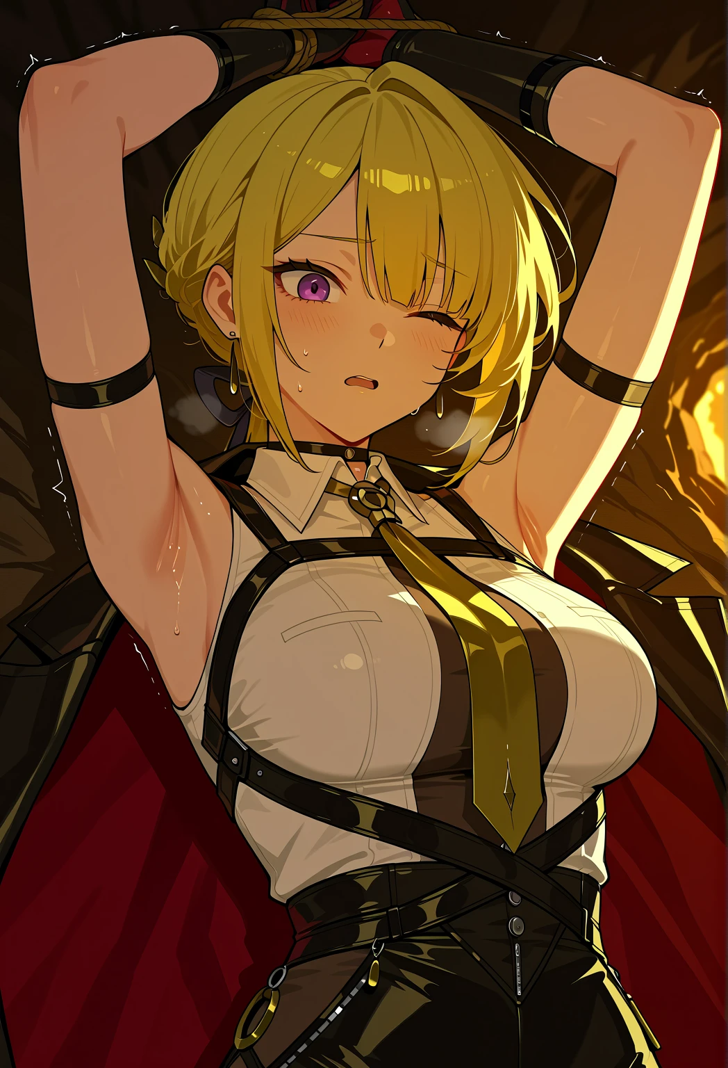 best quality, high resolution, large breasts, blonde hair, blush, embarrassed, cowboy shot, looking at viewer, bowsette, pink lip, (into the volcano), (bathing in lava), sexy legs, black lingerie,