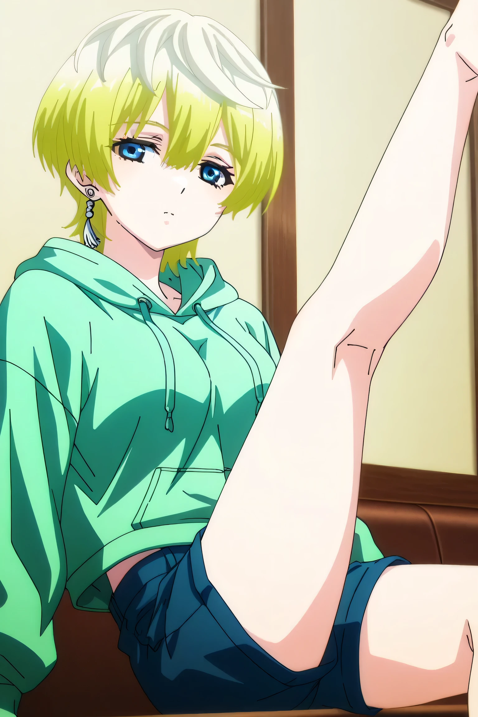 tenka izumo, solo girl, Anime style, short hair, multicolored hair, white hair, blonde hair, blue eyes, hair between eyes, single earring, green cropped hoodie, blue shorts,(leg up:1.4), knee up,sitting,