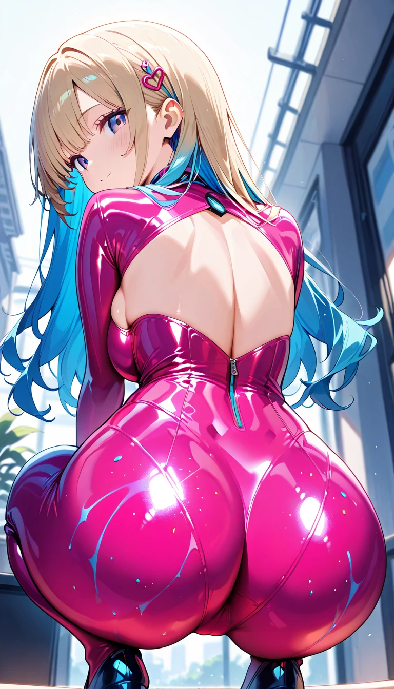 1girl in, (Blue eyes), Smiling,, wide hips, Colossal tits, Big ass, (Best Quality, 8K, masutepiece: 1.3), Clear focus: 1.2, Perfect Body Beauty: 1.4 , Slender Abs: 1.2, Highly detailed face and skin texture, Detailed eyes, Double eyelids, (Blonde long hair), (Pink Latex Pants :1.3), (Tube White),, (At the Shibuya intersection), Background building, Deep in the field、Butt sticking out pose、Erotic Poses、Nasty smile
