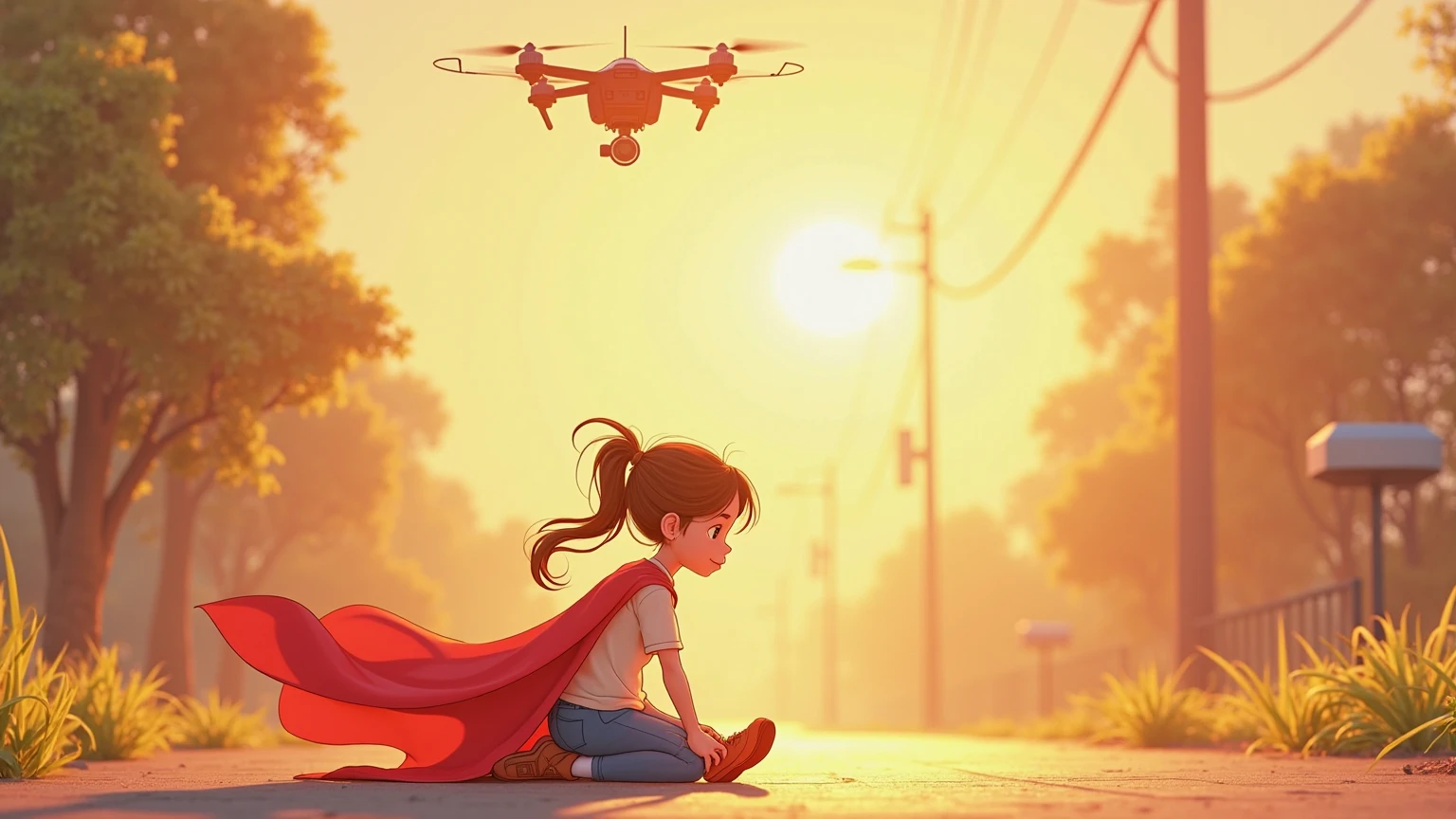 A girl standing on a roof, staring in terror at the drone bombing the streets
materiel: highly-detailed illustration, realistic rendering
additional details: detailed cityscape, crumbling buildings, smoke and debris, scary embellished drone
image quality: (best quality: 1.2), ultra-detailed, photorealistic, HDR, vivid colors, bokeh
art style: concept art, horror, sci-fi
color tone: dark and ominous
lighting: dramatic lighting with strong shadows.