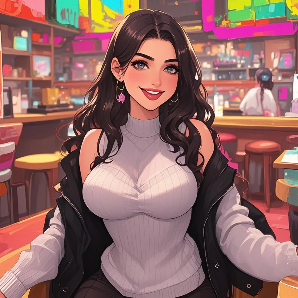 amrbray, a woman with a sexy smile posing for a picture in a cafe in a leather jacket , 4k, RAW, high detail, high quality , highly detailed skin, realistic face, presenting cleavage, very seductive, distinct and perfect teeth,