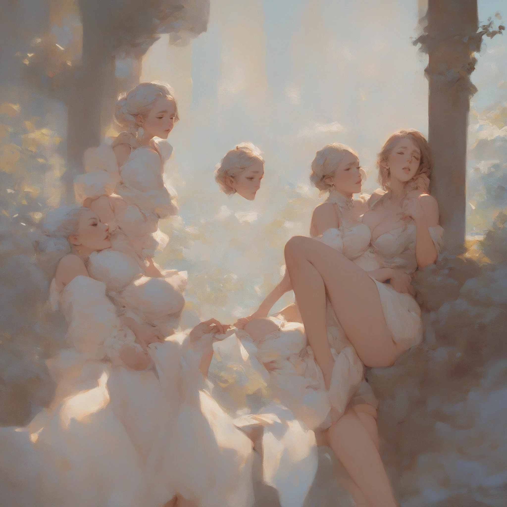 In the middle is a barefoot beauty dressed in white,There is a bright full moon overhead,All around are demons and ghosts,Dark environment,shadowing,