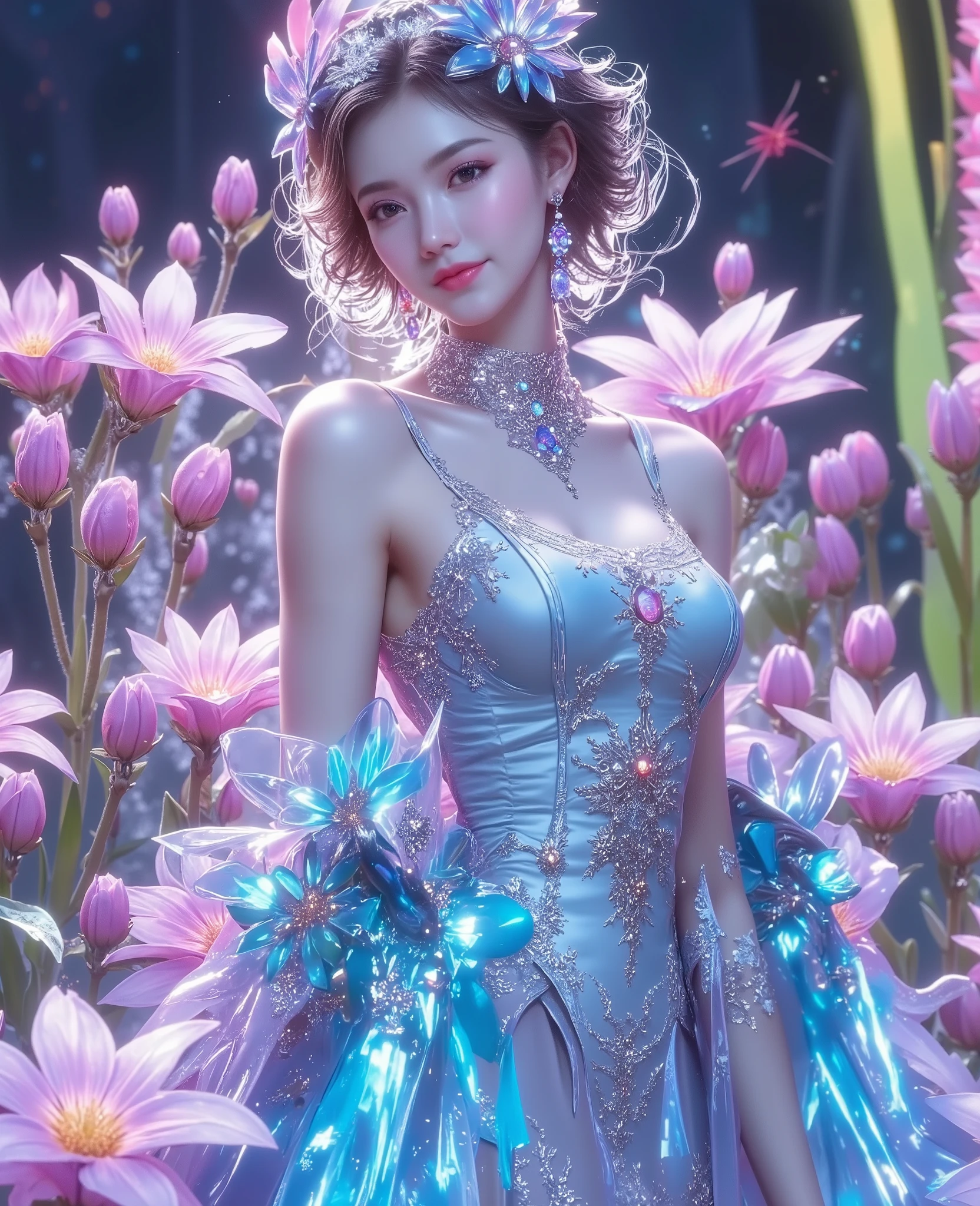 ((Top Quality, Detailed Background, Girl, Flower, Starry Sky)). ((Top Quality, Super Detail, Realism: 1.37), (1 Girl - Solo, Full Length, Waist-Height, Free - Relaxed Pose, Standing), (Girl, Flowers, Garden, Starry Sky,) (Stylish Pink dress , open shoulders, neckline, wide short bells, decorated with modern flowers)). ((Beautiful eyes, glossy lips, detailed features, gorgeous smile), (A piercing and enchanting gaze, freckles, jewels, gentle smile, soft and seductive lips, lustrous lips), (Bewitching gaze, sparkling eyes), (playful look), natural beauty)), (studio lighting), (orange, pink, white, green details), (tattoos), (technical clothing: 1.1) , (abstract background of lines and circles). ((Best quality: 1.37). ((Settings, Soft Lights, Shadows) (Technical Background - Abstraction) (HD Details, Cinematic, Surrealism), (Soft Lights, Deep Focus, Raytracing, Diffusion). ( settings, soft light),