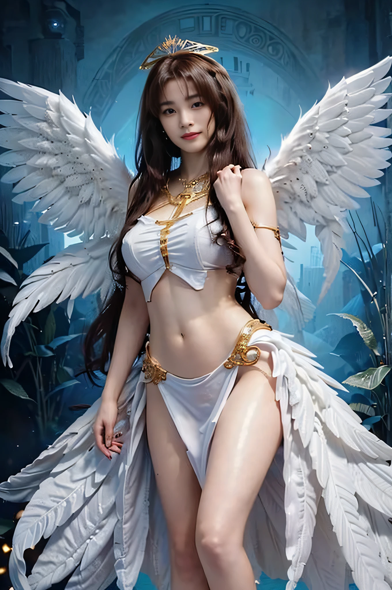 (Wearing a white micro bikini)、Professional , masterpiece、top-quality、photos realistic , depth of fields 、(A dark-haired) 、Glamorous body、(Gemstone White Metal Body:4.9),(Matte White、(Colossal tits)Particles of light、、The ultimate beauty face in a micro bikini、(Angel wings grow)、Pose Seductive、Jewel Gold Weapon(Jewel Metal Body:1.4),Gorgeous metal weapons ,(( Detailed and gorgeous sword of the brave)) ,Mystical expression、Light Effects、intense fighting、Wind-effect、 (A dark-haired) ,Wearing micro-bikini ,Detail and ornate jewel crown、((Micro Bikini Armor))、((Gangle's forest background))、Beautiful Caucasian beauty、1a person、dynamic ungle,(((Detailed and ornate diamond crown)))、Smaller head、A smile、Background inside the castle、Thin and beautiful female hands、Mystical expression、Light Effects、intense fighting、With the legendary magic wand、、Toostock、Anatomically correct body、