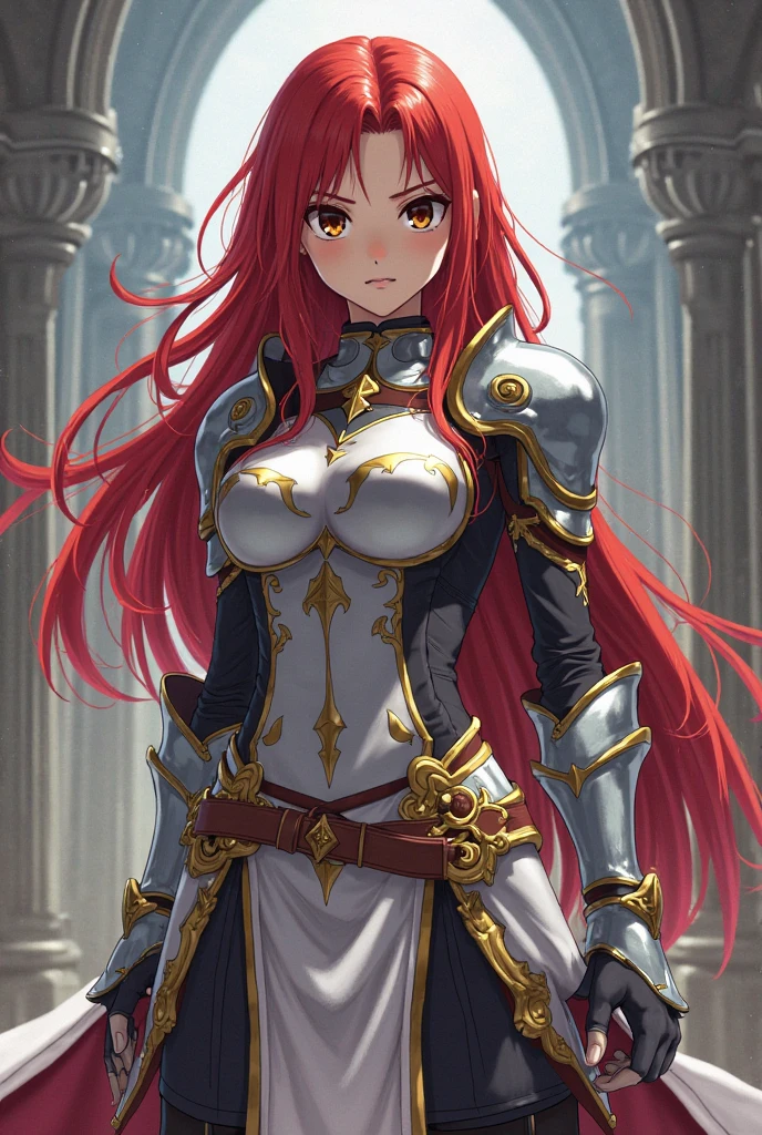 White skined young woman. Siren eyes.bright red eyes. Long curly hair. Maroon red hair color. Wearing silver armor and holding a sword. She has a fantasy-style silver accessory on her head, castle ruins background