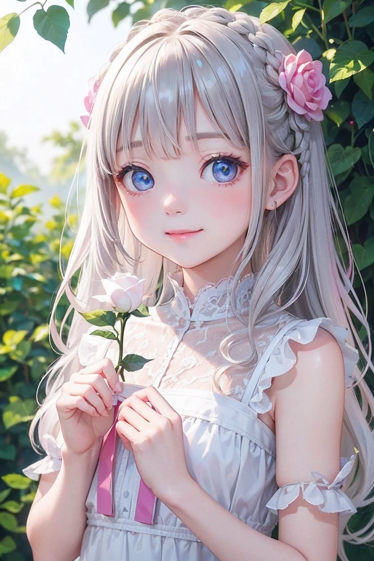 A white wall with a picture of flowers、A wall decorated with artistically painted pink flowers、One Girl、Adorable girl、Cute face、Gray Hayne's Eyes、silence、Zazen、Small breasts、Intricately decorated costumes、Highest quality、Best image quality、masterpiece:1.3、Portraiture、8hair、Perfect lighting、Professional Photographer、