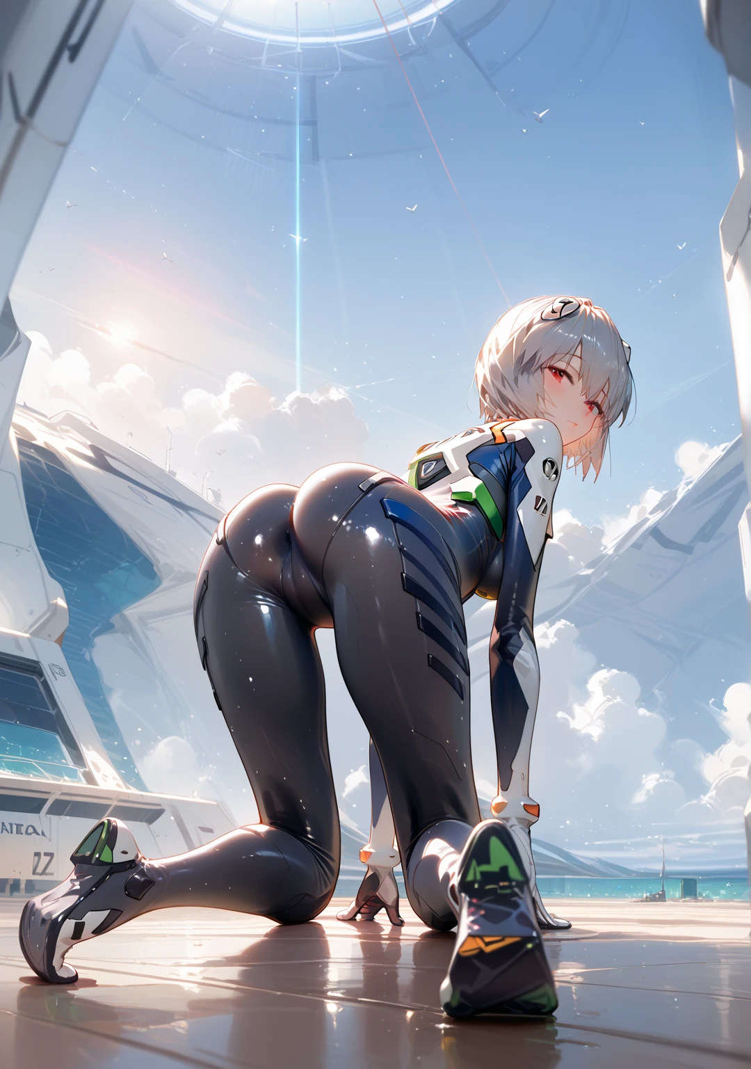Highly detailed CG, 8k_wallpaper, top quality, masterpiece, higher eyes and nose, very delicate and beautiful, beautiful, detailed, very detailed, intricate, very detailed, (blue eyes: 1), (beautiful hands), ( beautiful fingers ), , (flat chest1.5), necklace (water:1.3), beach, (abs:1.3), (messy hair:1.5), (leaning forward:1), looking at the audience, (smile:1.3), (one eye closed:1.2), (sweating), (beautiful toes), (:1.5), (1girl), (ash white hair:1.5), (big butt:1.3), (middle hair:1), (dark skin: 1.4), (thigh girth: 1.3), beautiful, narrow waist, white thigh highs, narrow waist, thighs, wide hips, eyeliner, eyelashes, perfect face, detail eyes, (dark skin: 1.5) ,,,astronaut, space suit, space helmet, bubble helmet, eva helmet
