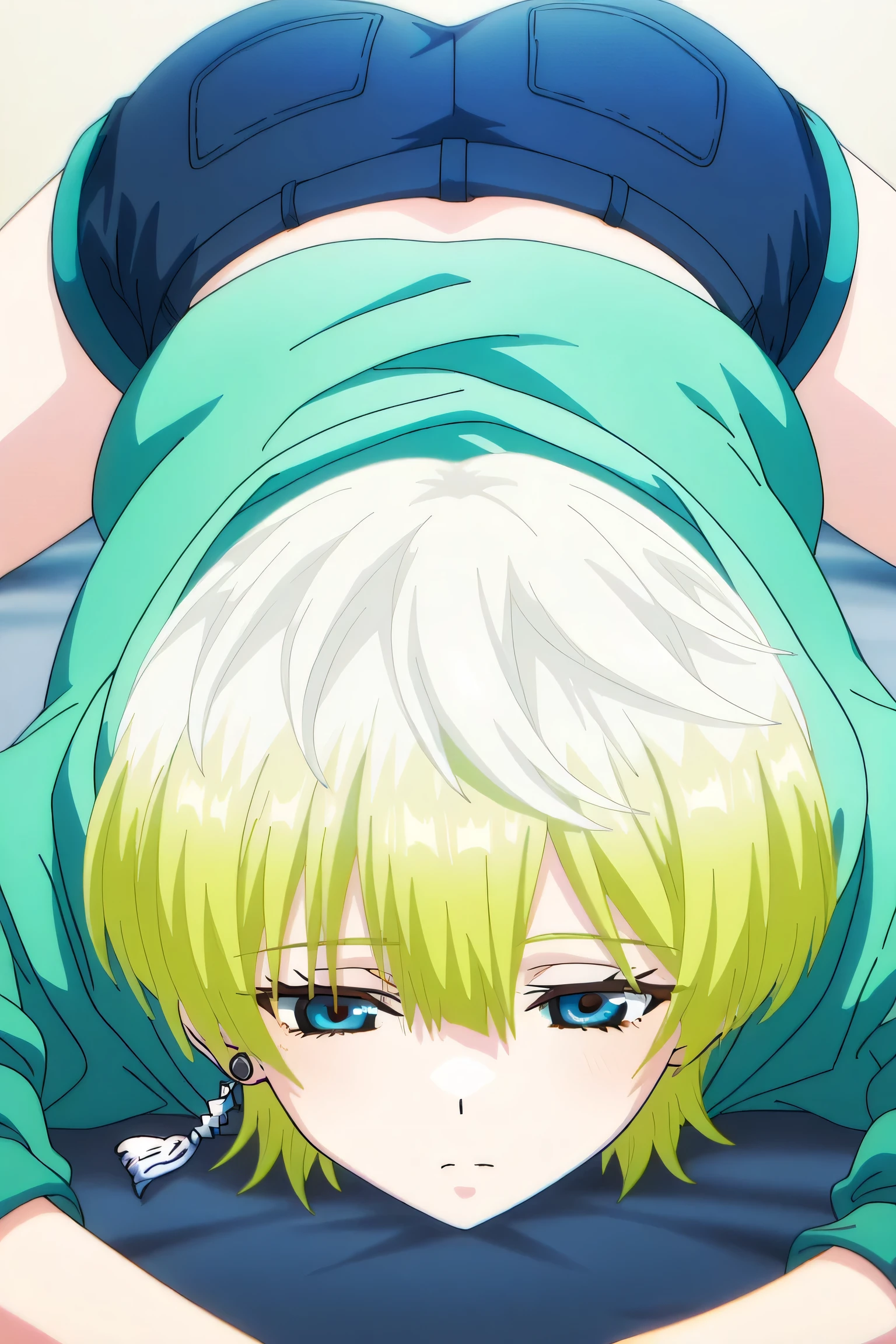 tenka izumo, solo girl, Anime style, short hair, multicolored hair, white hair, blonde hair, blue eyes, hair between eyes, single earring, green cropped hoodie, blue shorts,Missionary
Pov
from side