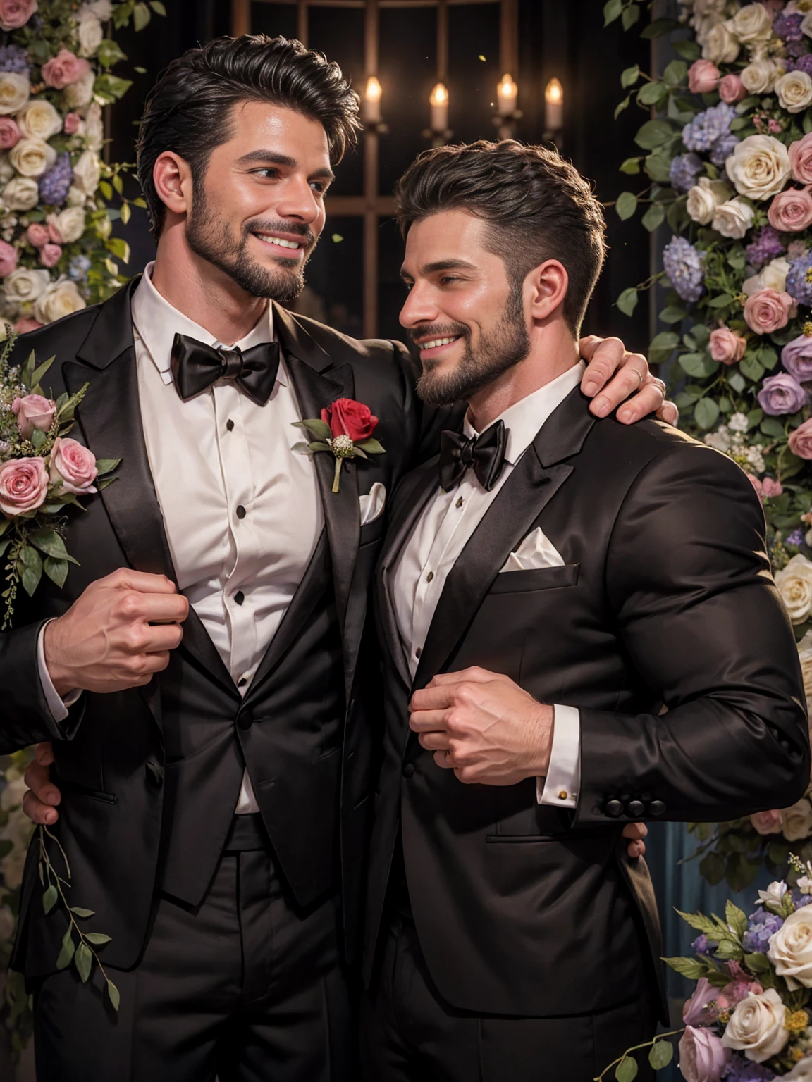 Award-winning original photos,2men, wild muscular men, (40 years old), beards, burly, hunk, jackets, smilling happily, wedding ceremony, (tuxedos), hugging, detailed, lovely, faces closeup, flowers, from the side
