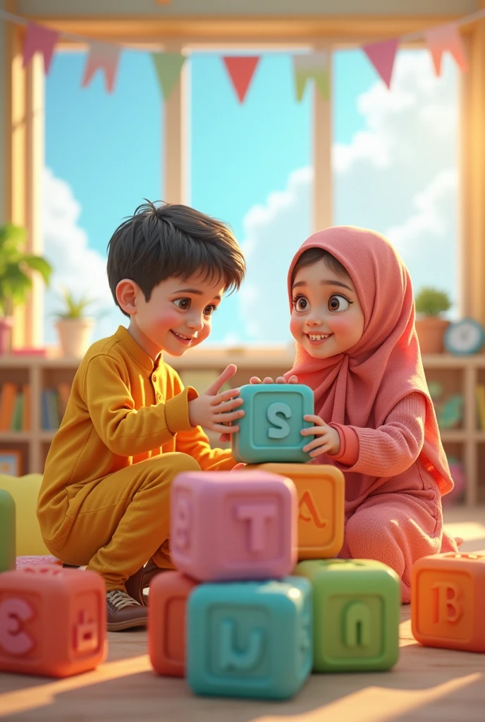 Islamic one small girl donating toys to needy  and poor people in orphanage. It should look realistic with clear background 