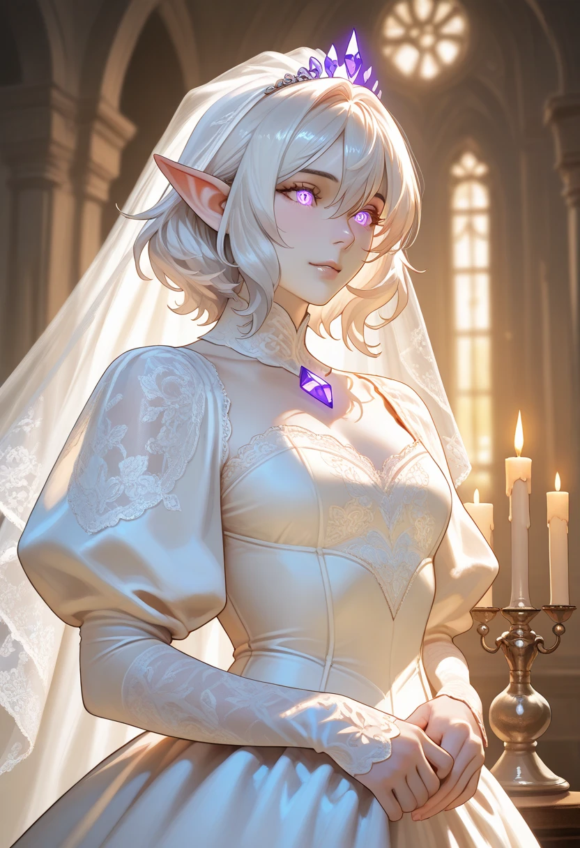 Hot girl elf, white hair, green eyes, wedding drees