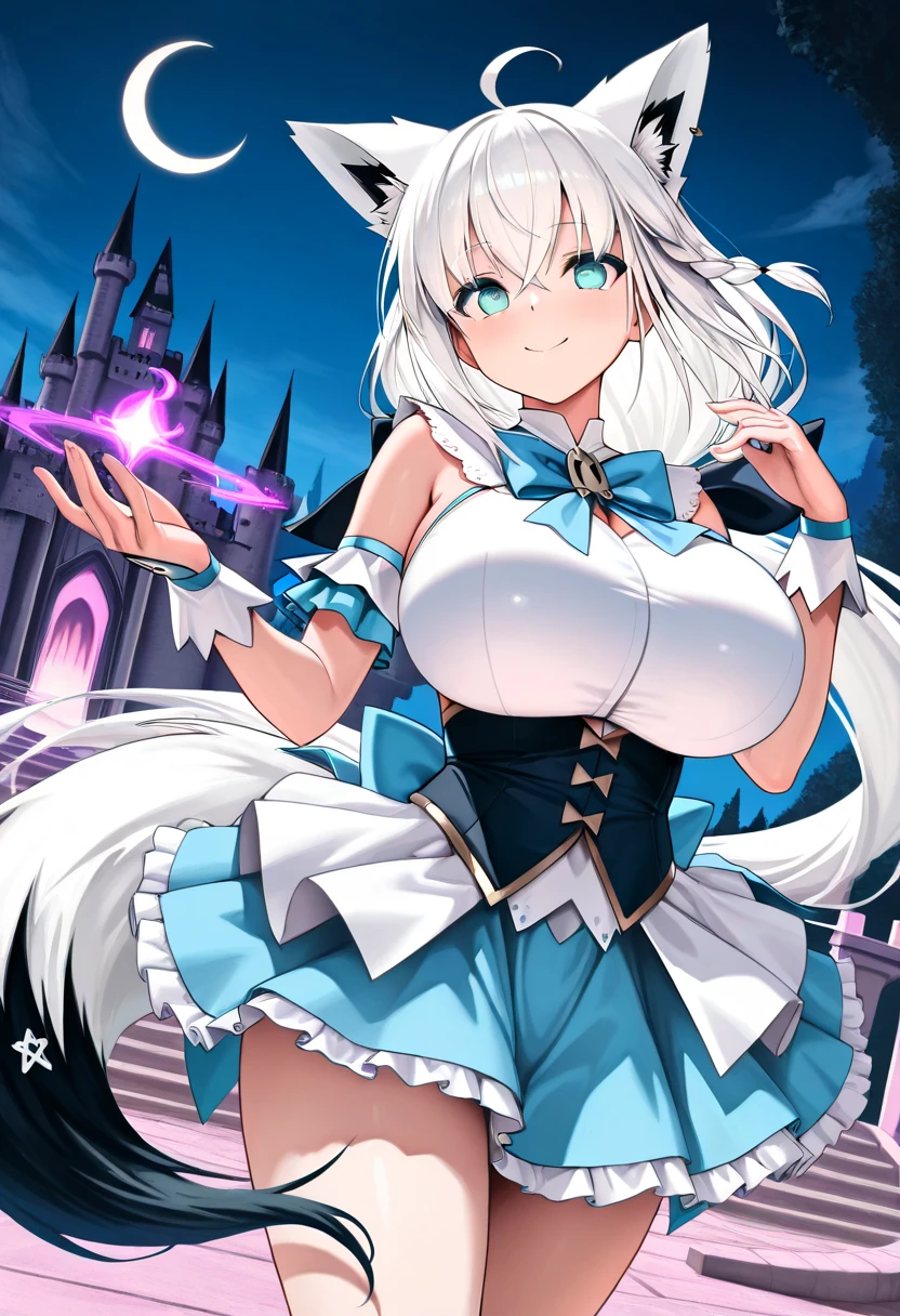 ((Highest quality)), ((masterpiece)), (be familiar with), Perfect Face, Big eyes, Drooping eyes, eyelash, The sparkling light of the eyes, silver hair, gem, white dress, pleated skirt, wide sleeves, white thighhighs, hair flower, (re:NULL), (mini skirt), cleavage, medium breasts, smile, closed mouth
